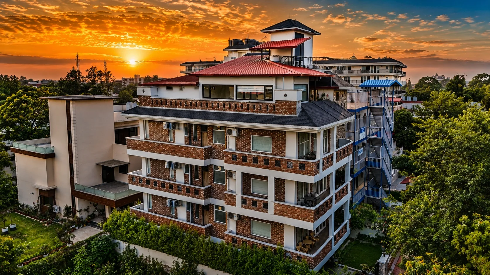 Aerial drone view of The Palatial Homes, the best luxury homestay in Dehradun Dalanwala